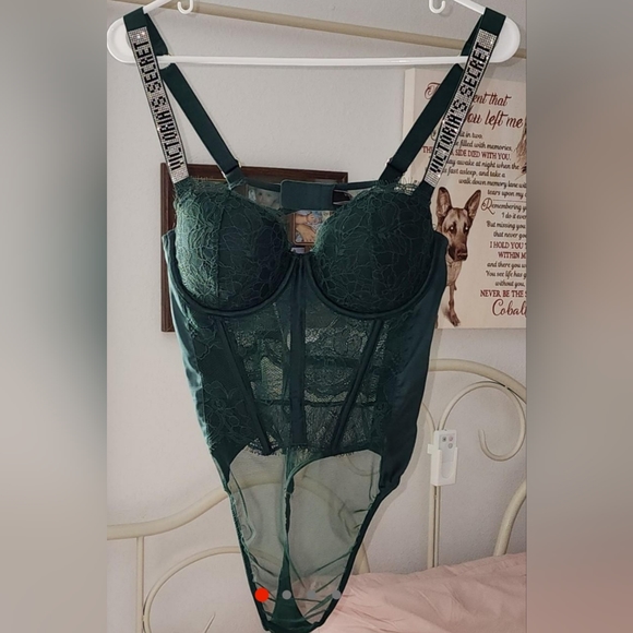 Victoria’s Secret Dark Green Lace & Satin Rhinestone Logo Strap Bodysuit Teddy - Picture 1 of 4